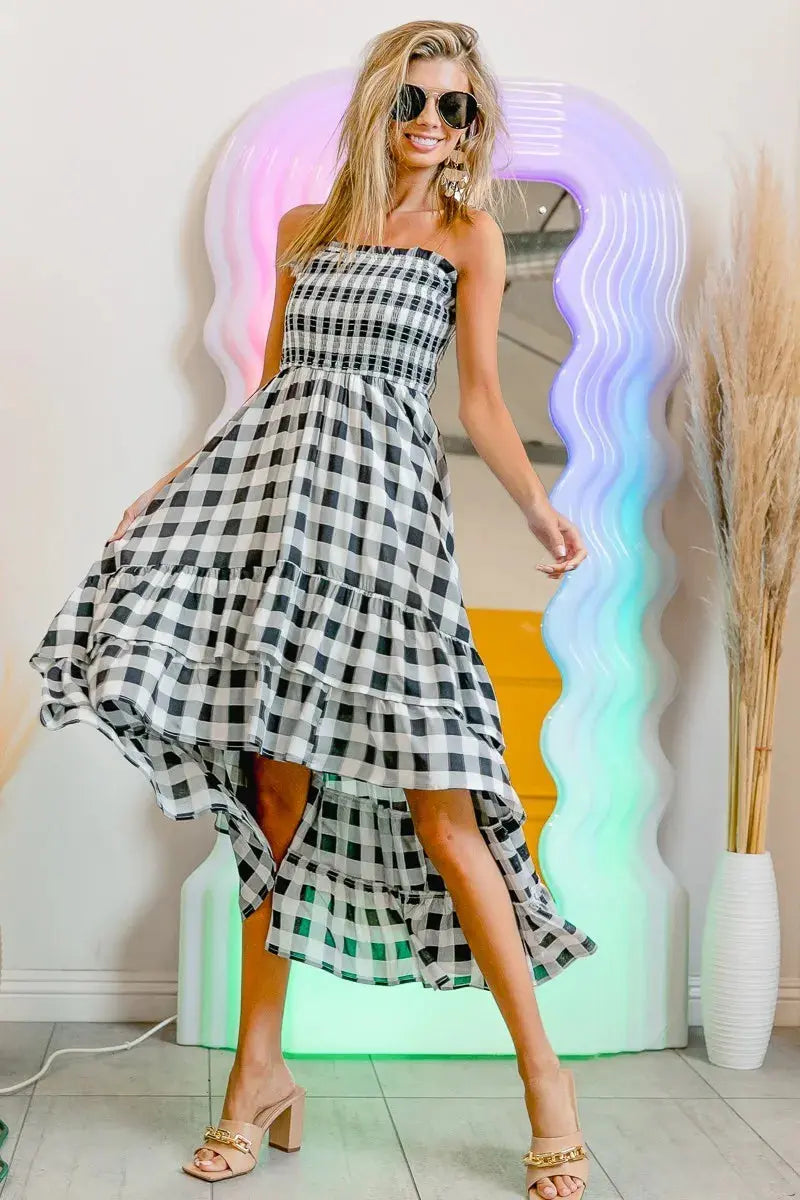 BiBi Smocked Body Off Shoulder Check Dress (Black) - Be Bliss Boutique