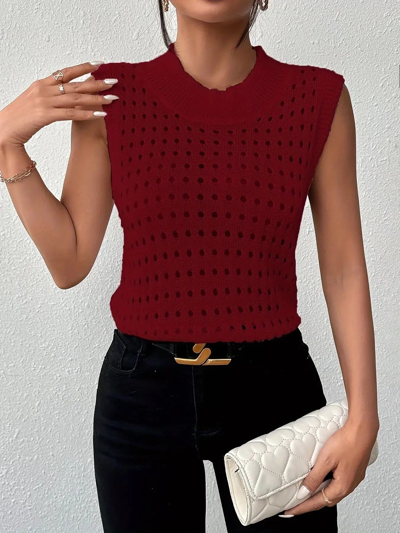 Hollow Out Round Neck Knit Sweater Tank - Be Bliss Boutique
