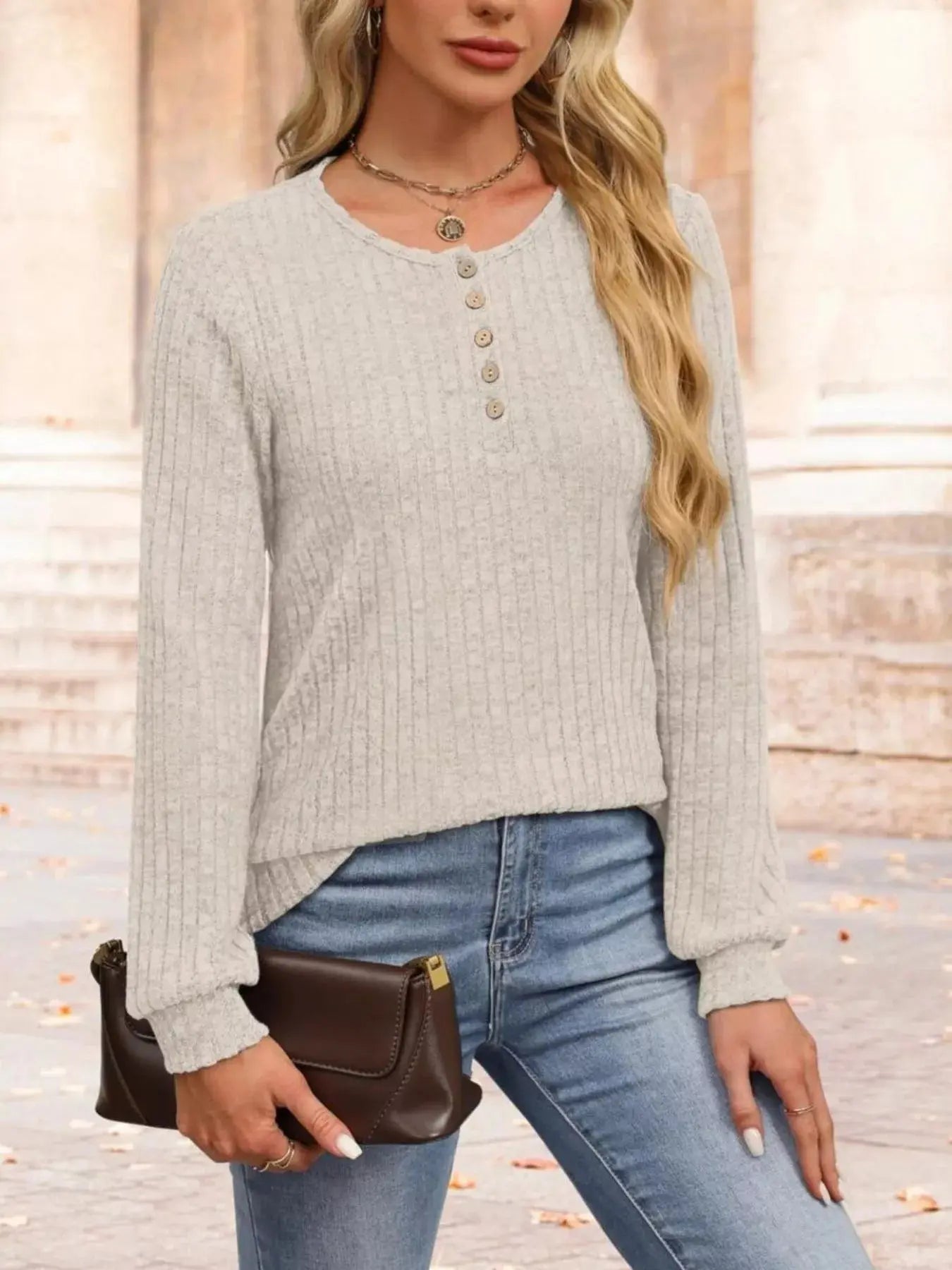 Ribbed Knit Button Front Long Sleeve T Shirt - Be Bliss Boutique