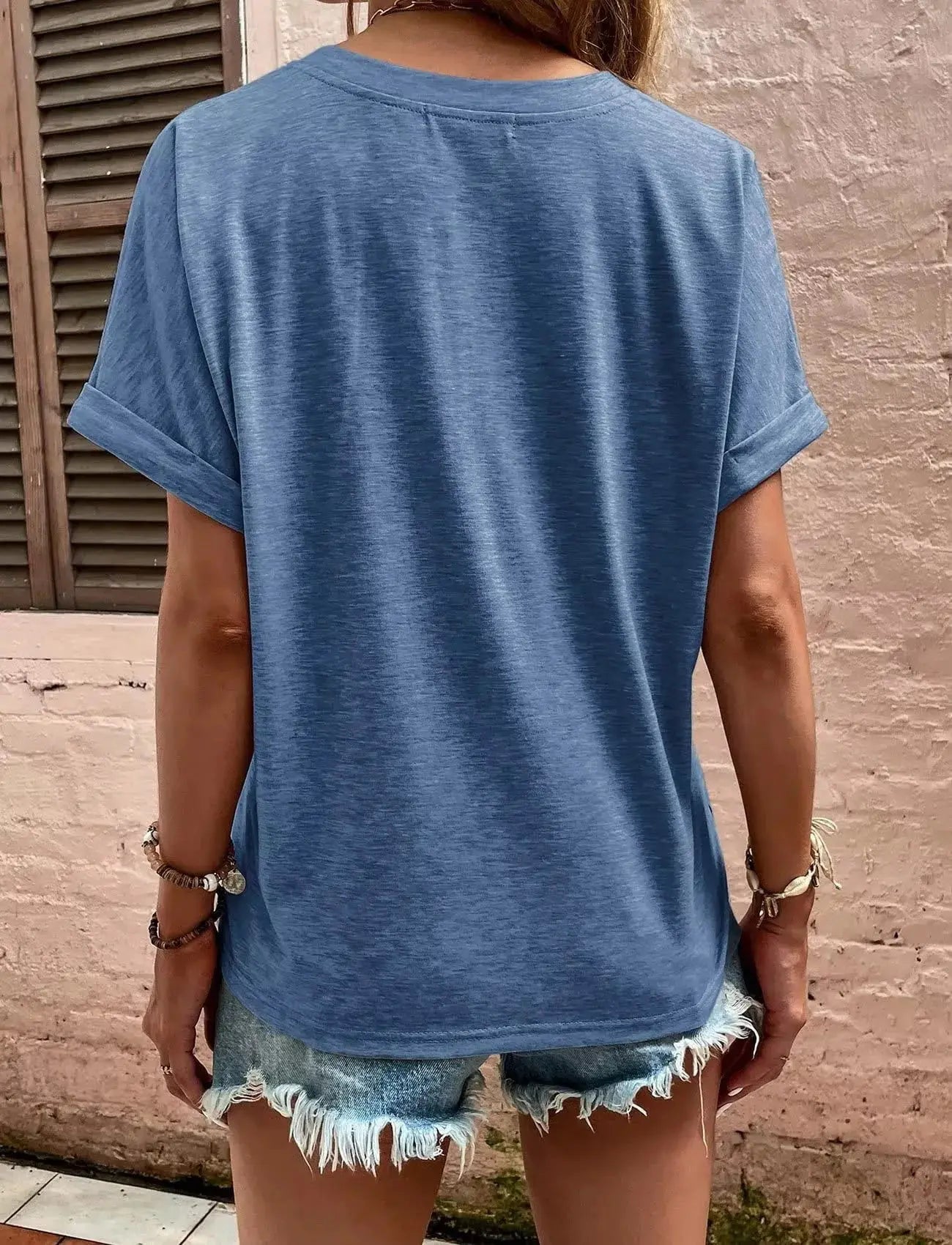 Full Size Notched Rolled Short Sleeve T Shirt - Be Bliss Boutique