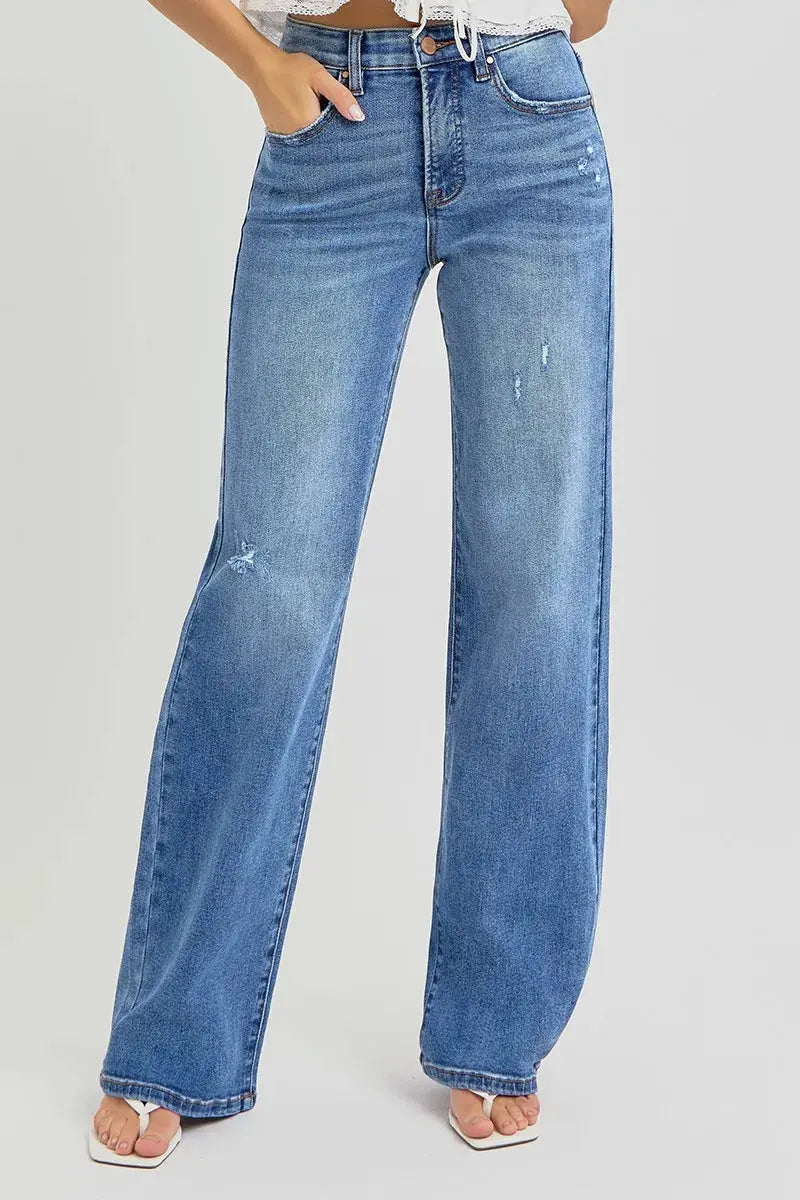 Full Size Tummy Control Elastic Band High Rise Wide RISEN Jeans - Be Bliss Boutique