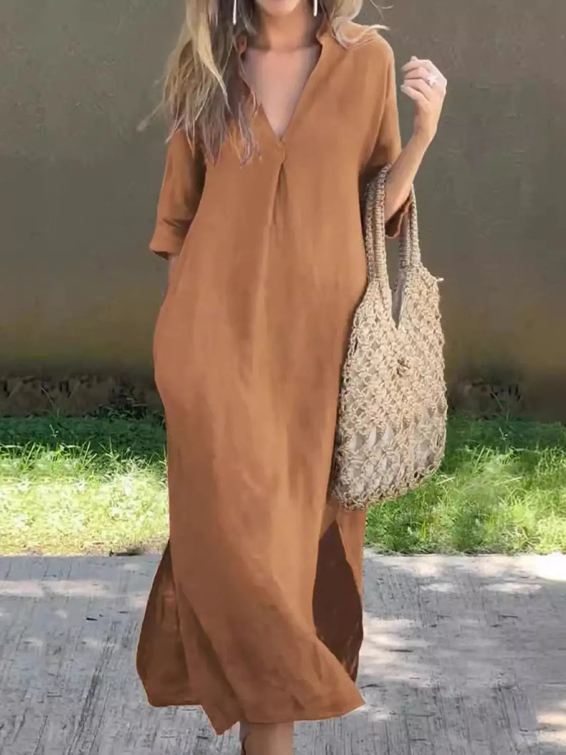 Full Size Notched Half Sleeve Midi Dress - Be Bliss Boutique