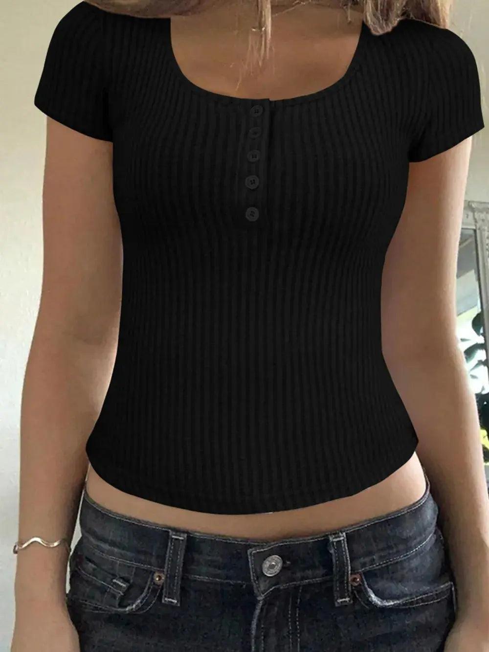 Ribbed Button Detail Round Neck Short Sleeve T Shirt - Be Bliss Boutique