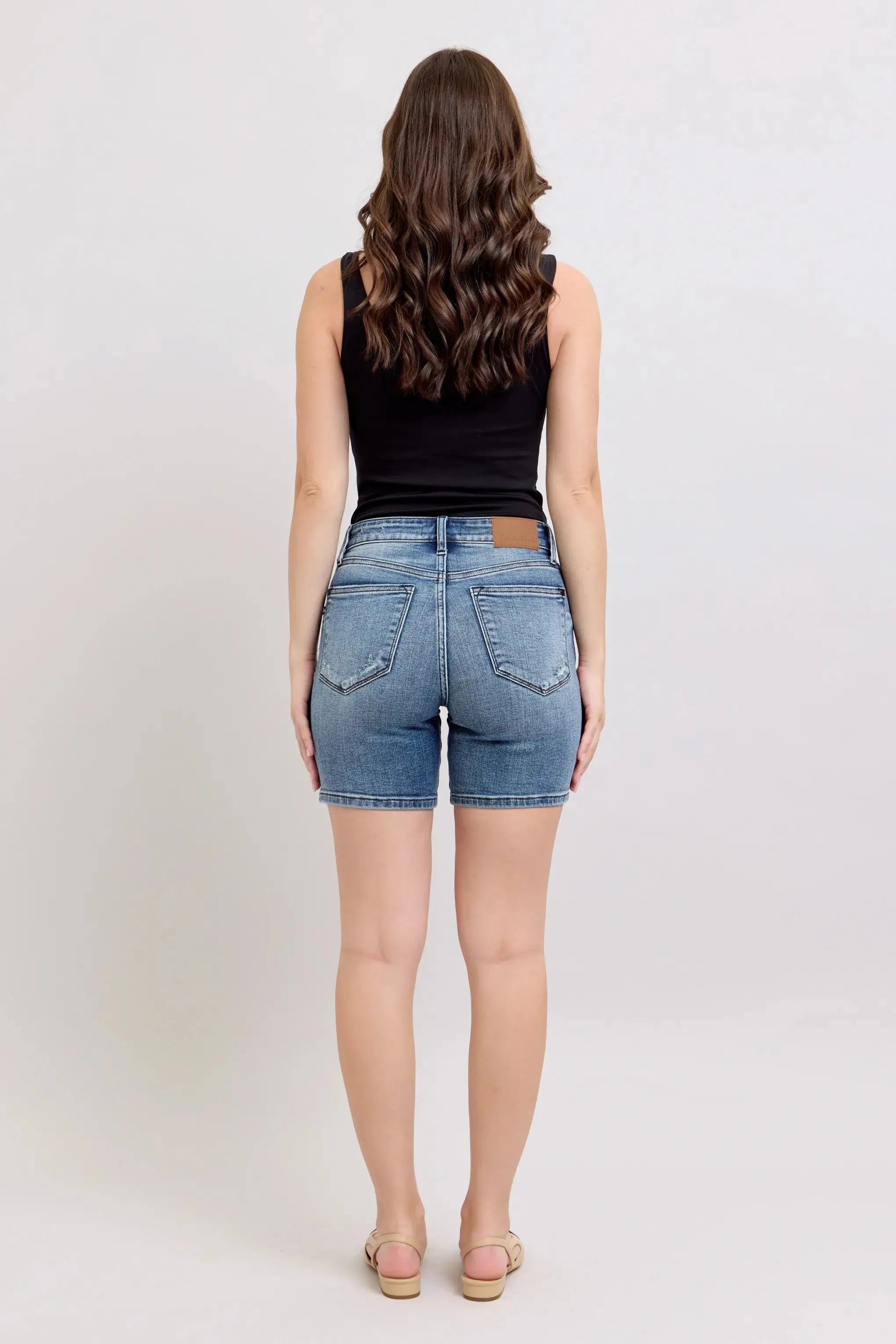 Judy Blue Jeans - Button Fly High-Rise Destroyed Hem Denim Shorts - Be Bliss Boutique
