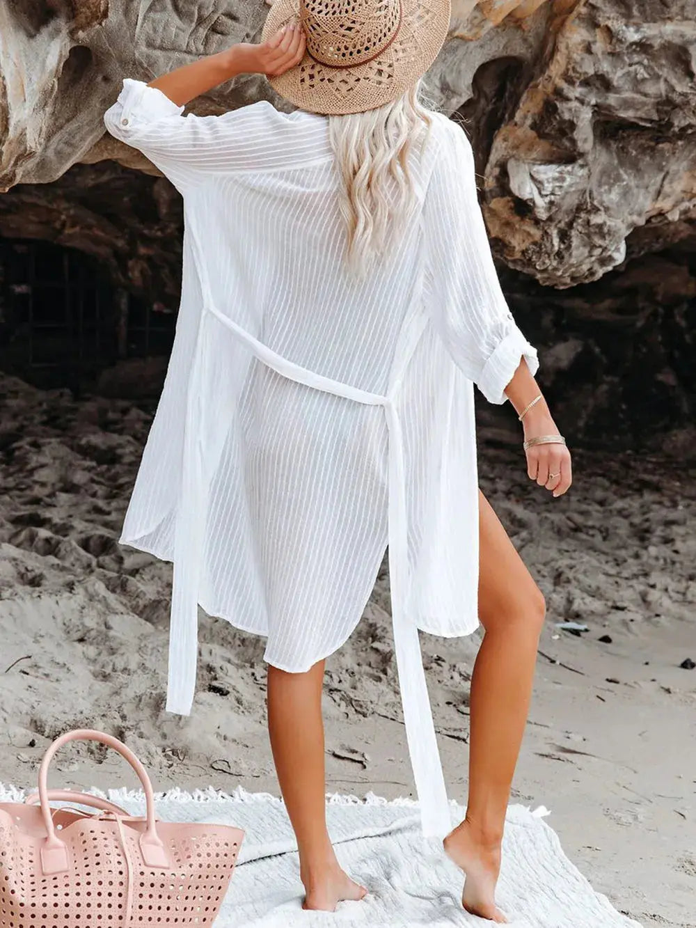 Button Up Roll-Tab Sleeve Swim Cover Up - Be Bliss Boutique
