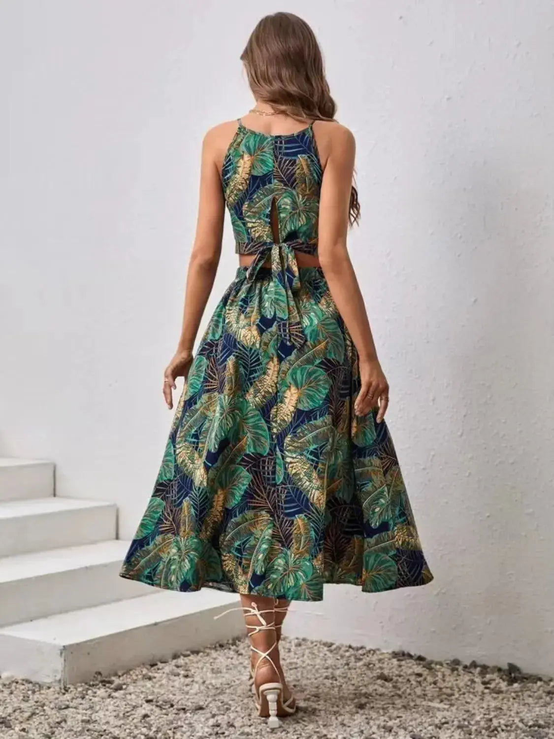 Tropical Leaf Print Two Piece Midi Skirt Set - Be Bliss Boutique