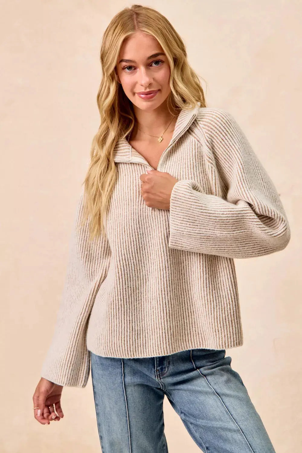 BiBi Two Tone Ribbed Textured Knit Sweater with Zip Up Collar - Be Bliss Boutique