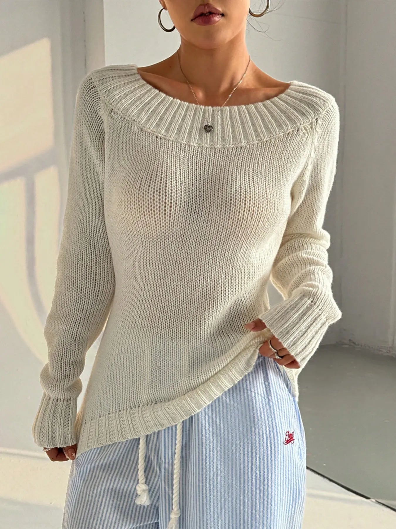Ribbed Knit Boat Neck Sweater - Be Bliss Boutique