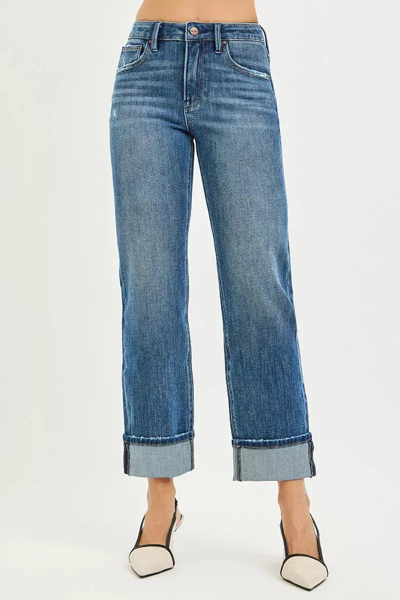 RISEN Jeans - Full Size 4 Way Stretch Slouchy Straight Jeans with Cuffed Hem - Be Bliss Boutique
