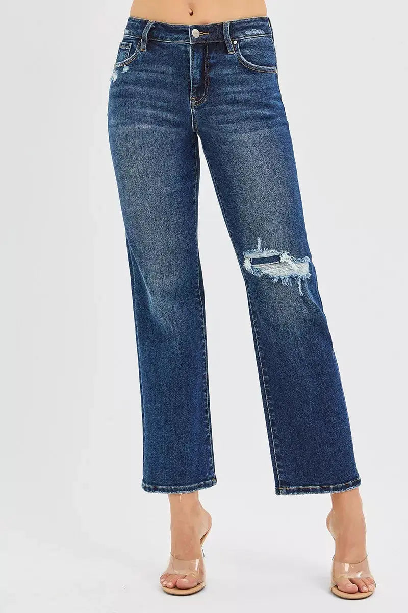 High Rise Crop Slim Straight RISEN Jeans with Hidden Knee Patch - Be Bliss Boutique