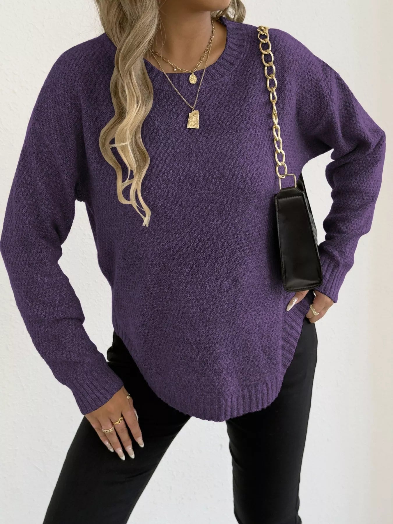 Textured Knit Relaxed Fit Round Neck Sweater - Be Bliss Boutique
