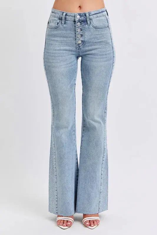 Mid Rise Rhinestone Side Panel Flare Judy Blue Jeans - Be Bliss Boutique