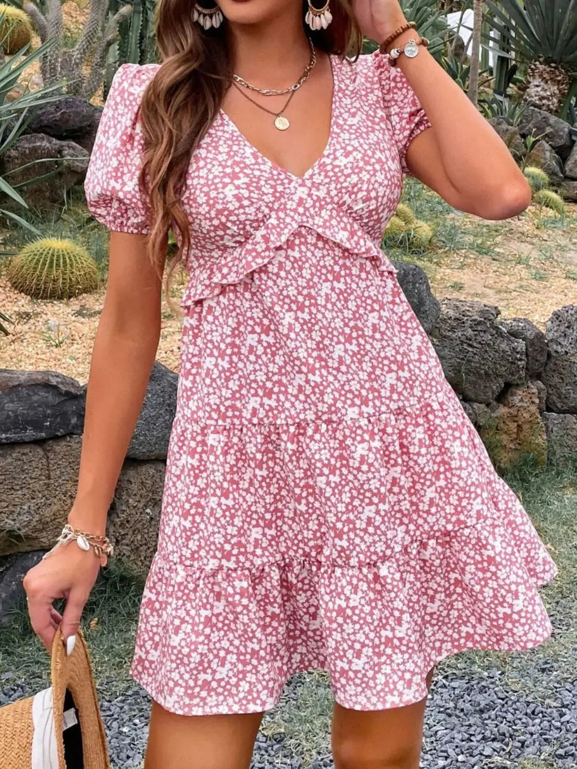 Floral Puff Sleeve Mini Wrap Dress – Pink Ditsy Ruffle Hem - Be Bliss Boutique