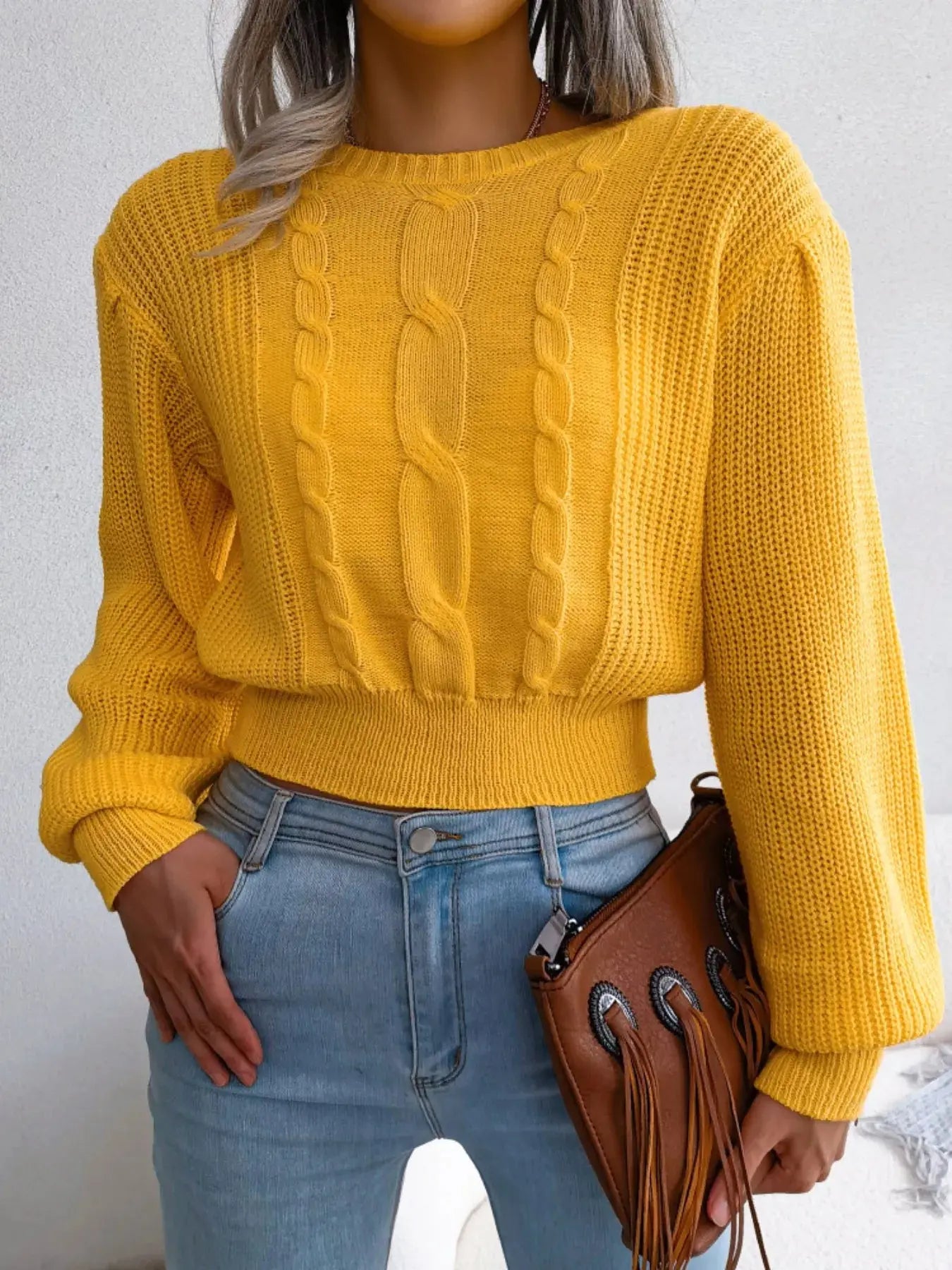 Cable Knit Crew Neck Cropped Sweater - Be Bliss Boutique