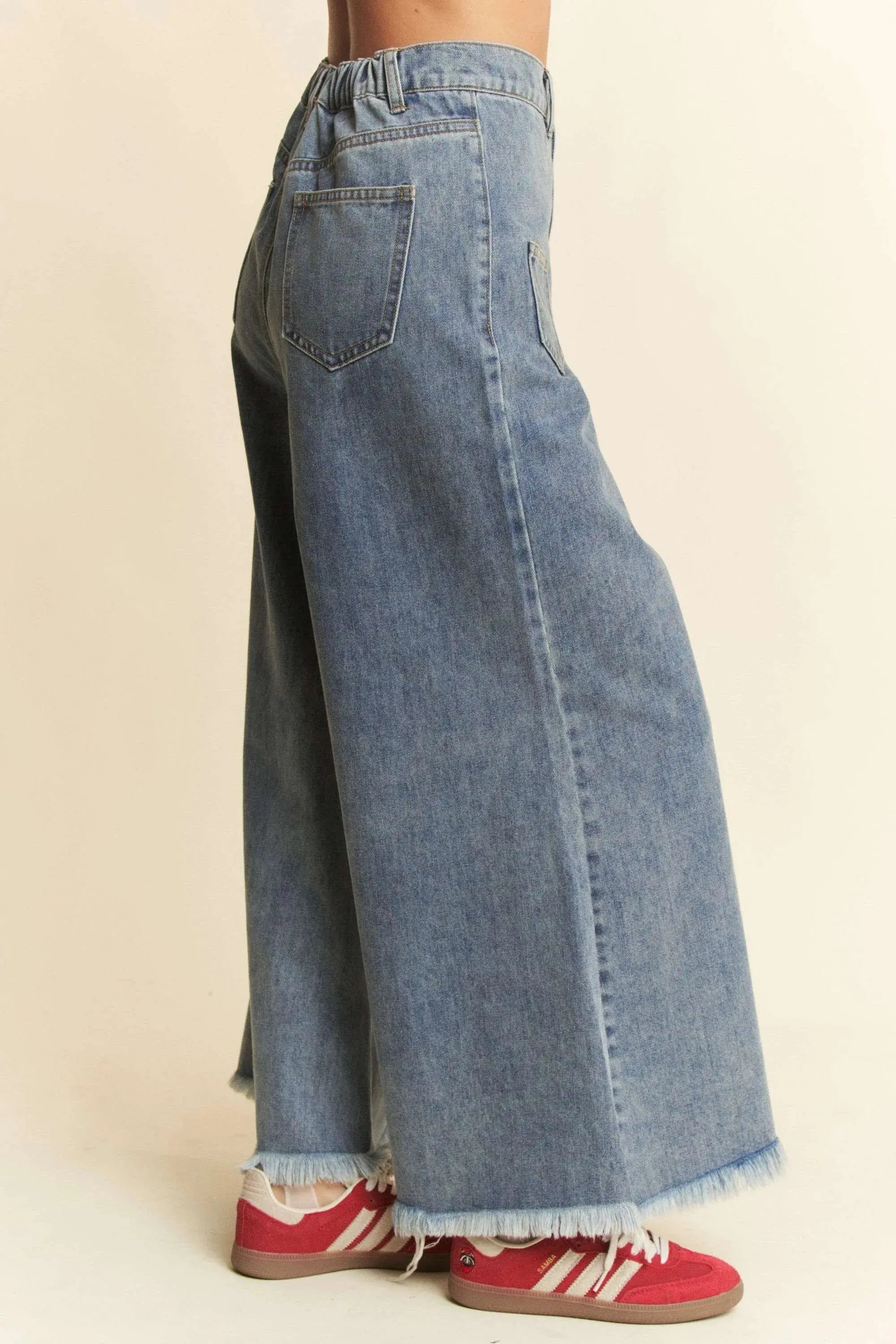 Davi & Dani Raw-Hem Patch-Pocket Wide Leg Culotte Jeans - Be Bliss Boutique