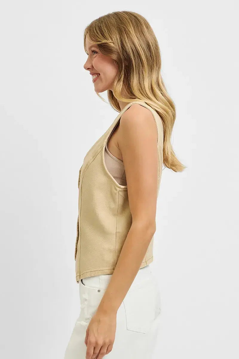 Full Size V Neck Button Down Vest by RISEN Jeans - Be Bliss Boutique