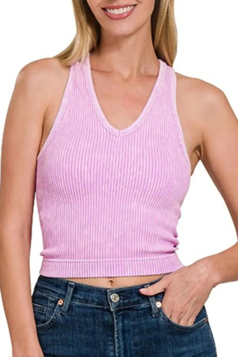 Zenana Pink Ribbed Seamless V Neck Tank with Built in Bra - Be Bliss Boutique