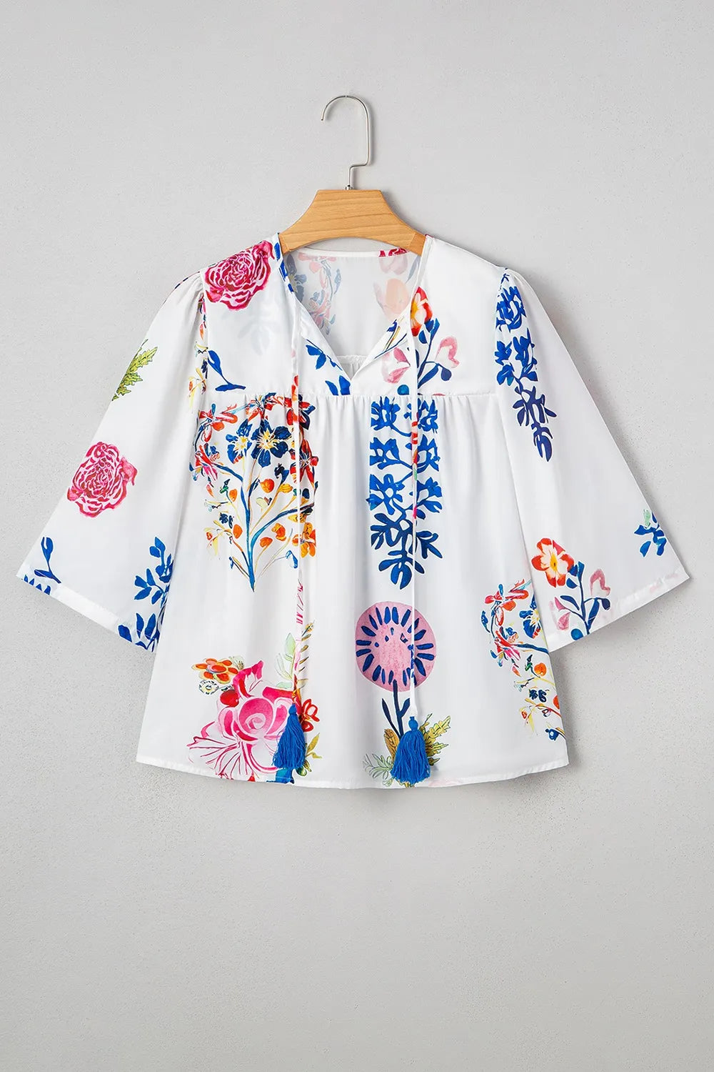 Printed Tie Neck 3/4 Sleeve Blouse -  Be Bliss Boutique
