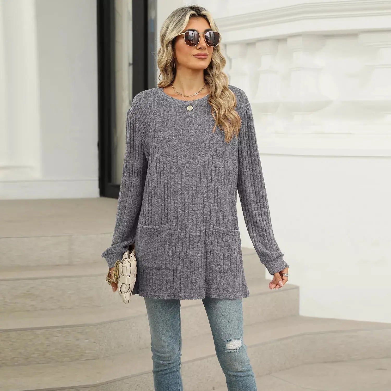 Cozy Ribbed Knit Long Sleeve Tunic Top with Pockets - Be Bliss Boutique