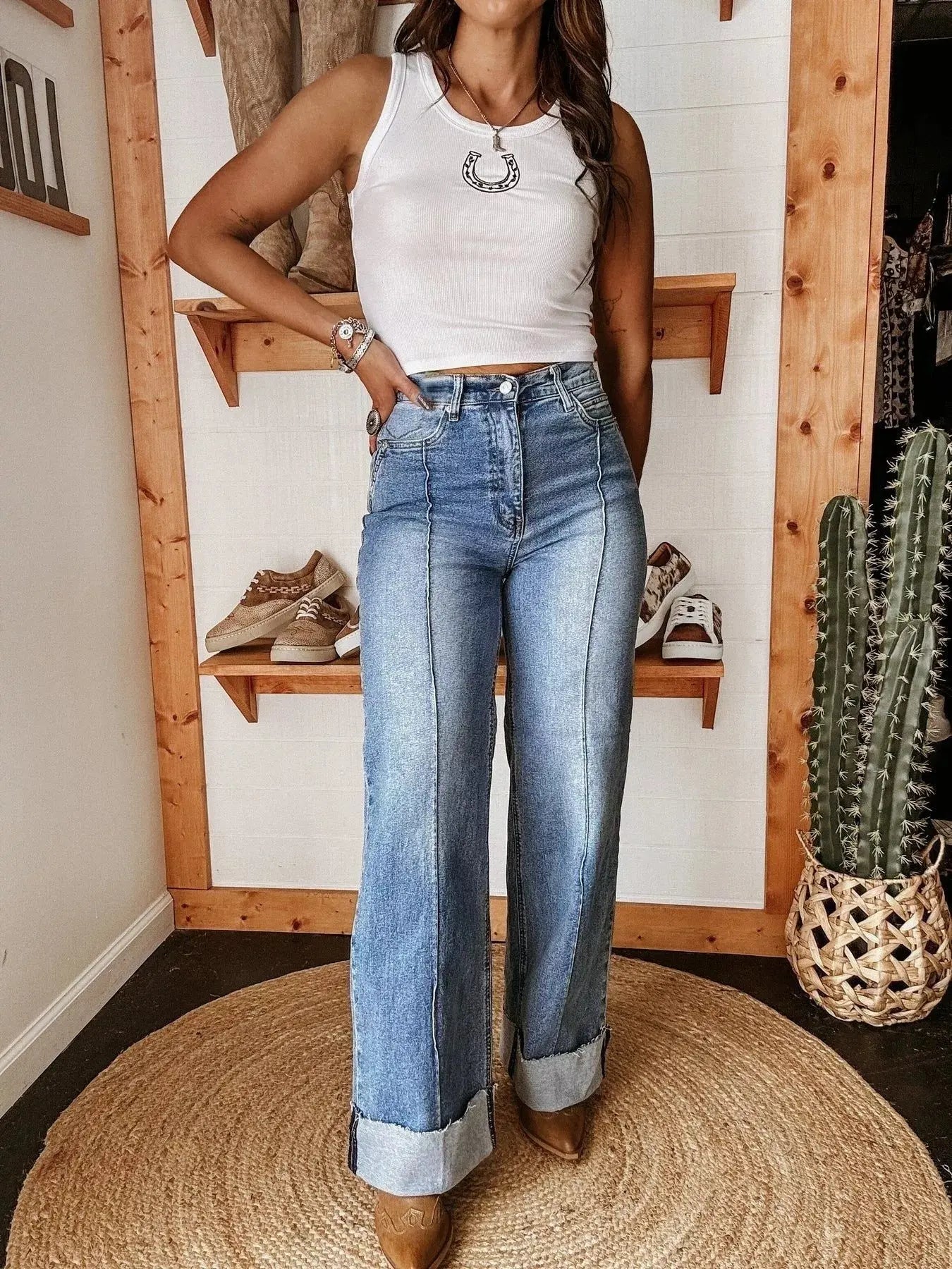 High Waisted Wide Leg Cuffed Jeans - Be Bliss Boutique