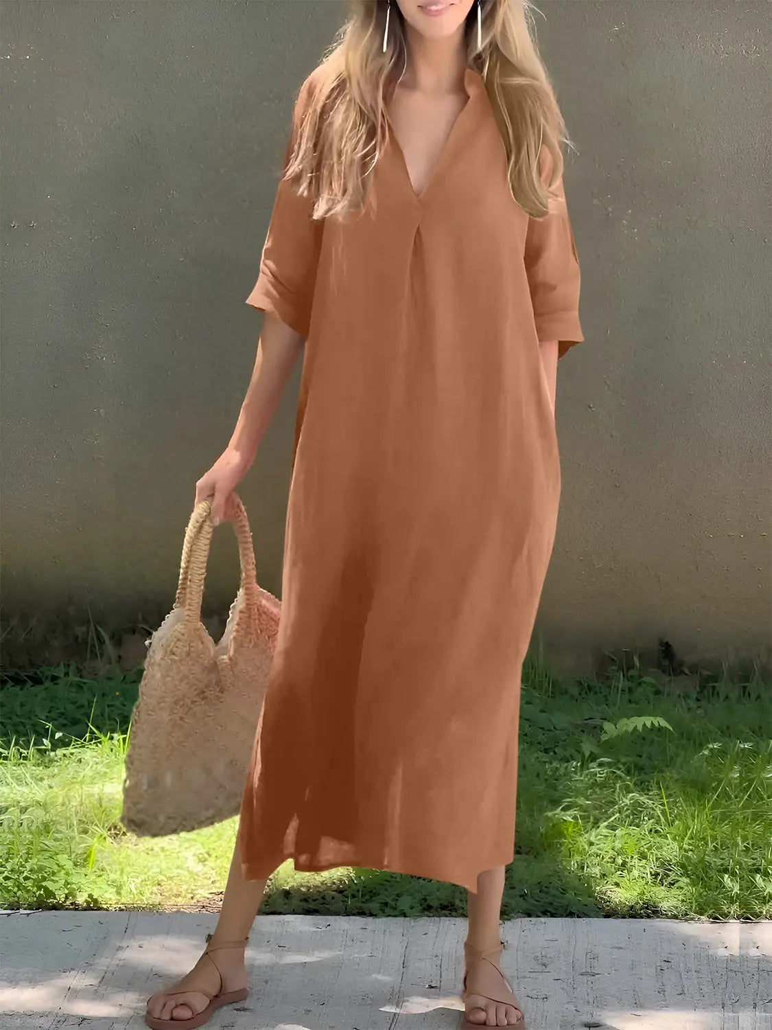 Full Size Notched Half Sleeve Midi Dress - Be Bliss Boutique