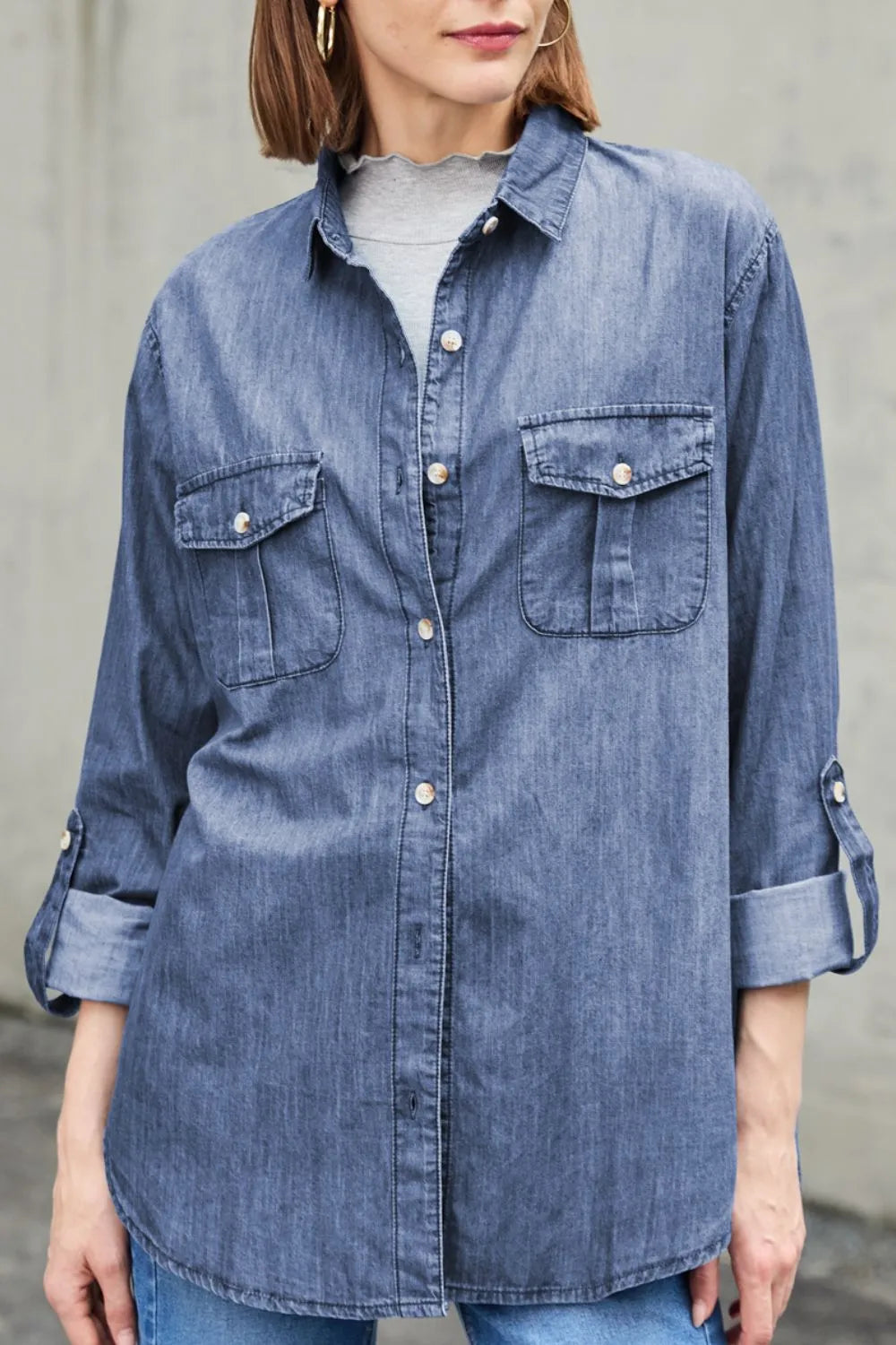 Pocketed Collared Neck Long Sleeve Denim Top - Be Bliss Boutique