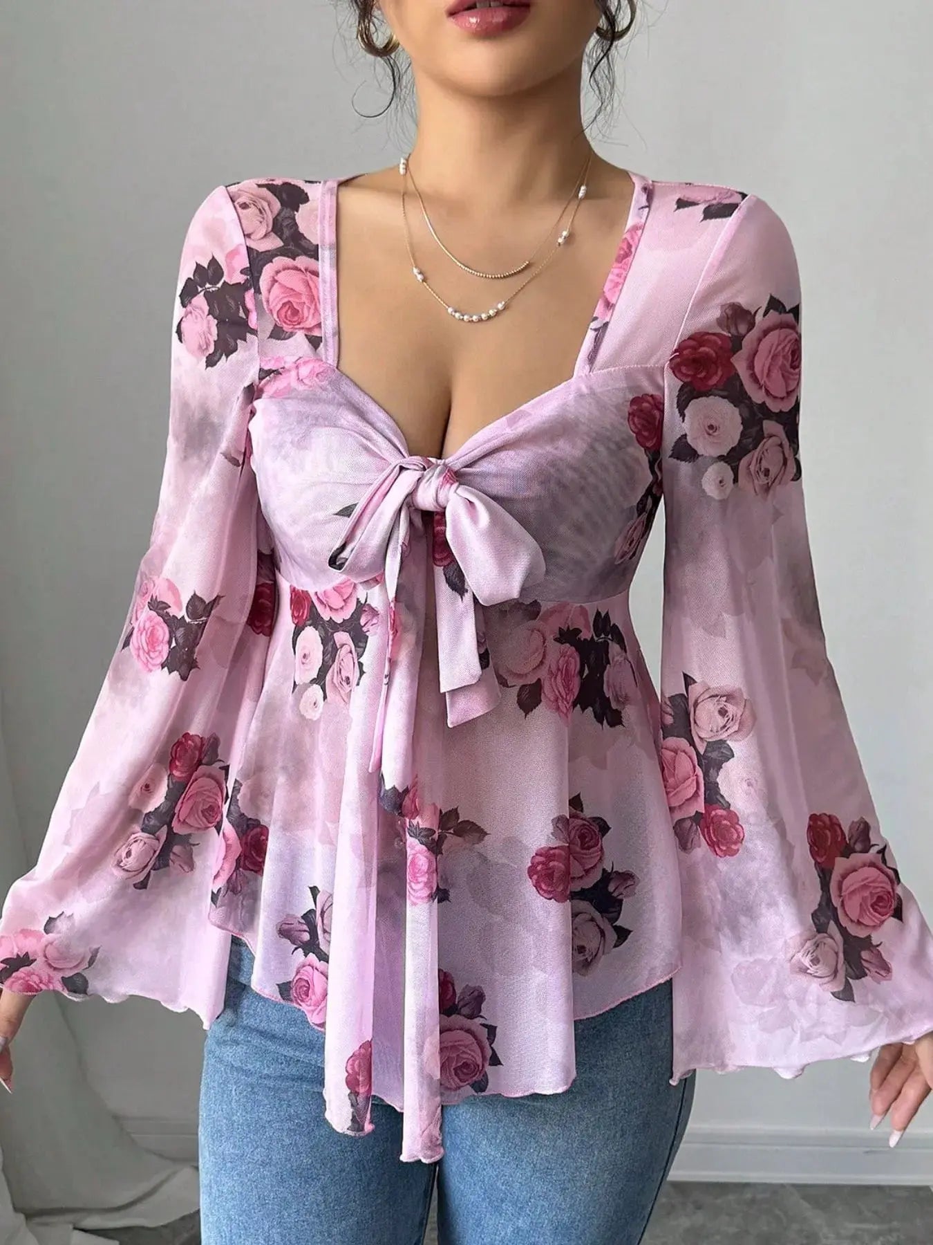 Floral Tie Front Flare Sleeve Blouse - Be Bliss Boutique