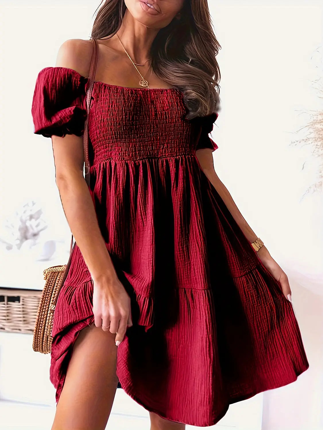 Full Size Ruffled Off Shoulder Short Sleeve Dress - Be Bliss Boutique