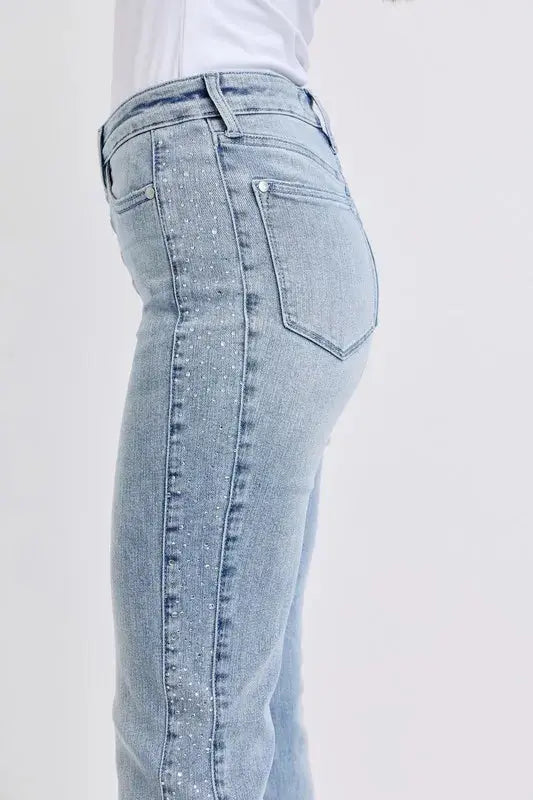 Mid Rise Rhinestone Side Panel Flare Judy Blue Jeans - Be Bliss Boutique