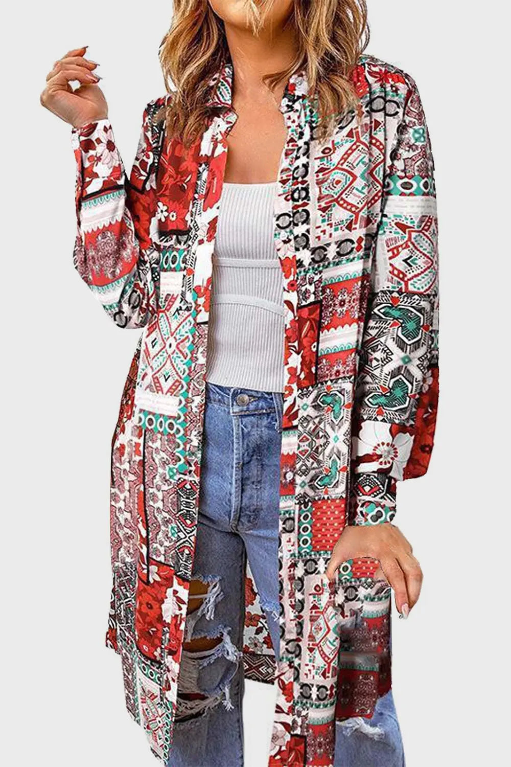 Printed Button Up Long Sleeve Cardigan - Be Bliss Boutique