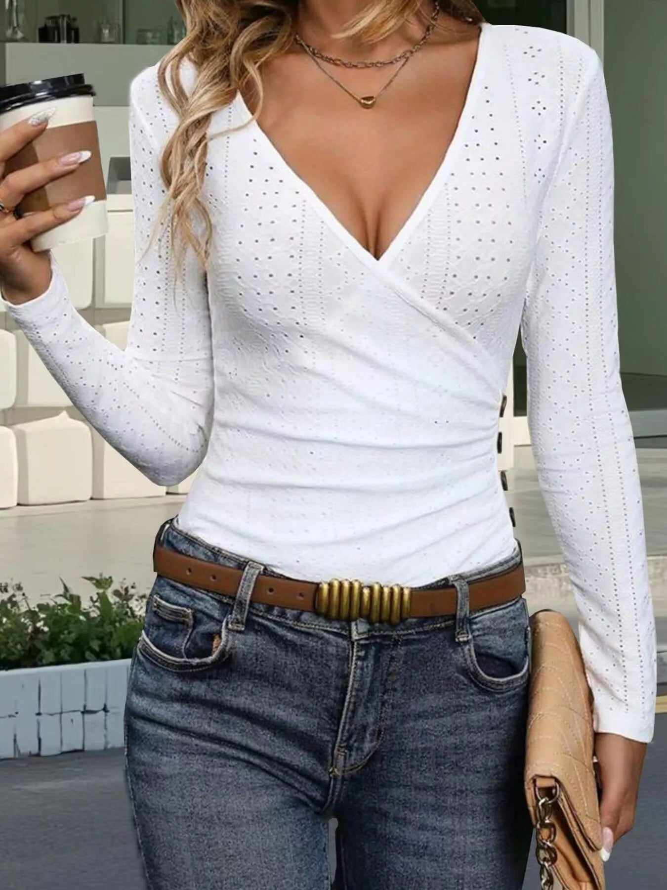 Eyelet Surplice Long Sleeve Top - Be Bliss Boutique