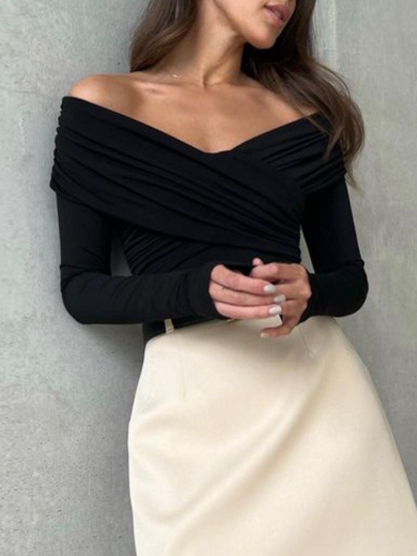 Off-Shoulder Ruched Long Sleeve Bodysuit - Be Bliss Boutique