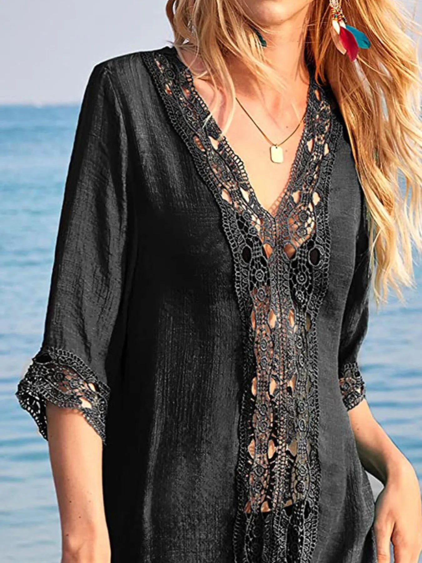 Lace Trim V Neck Cover Up - Be Bliss Boutique