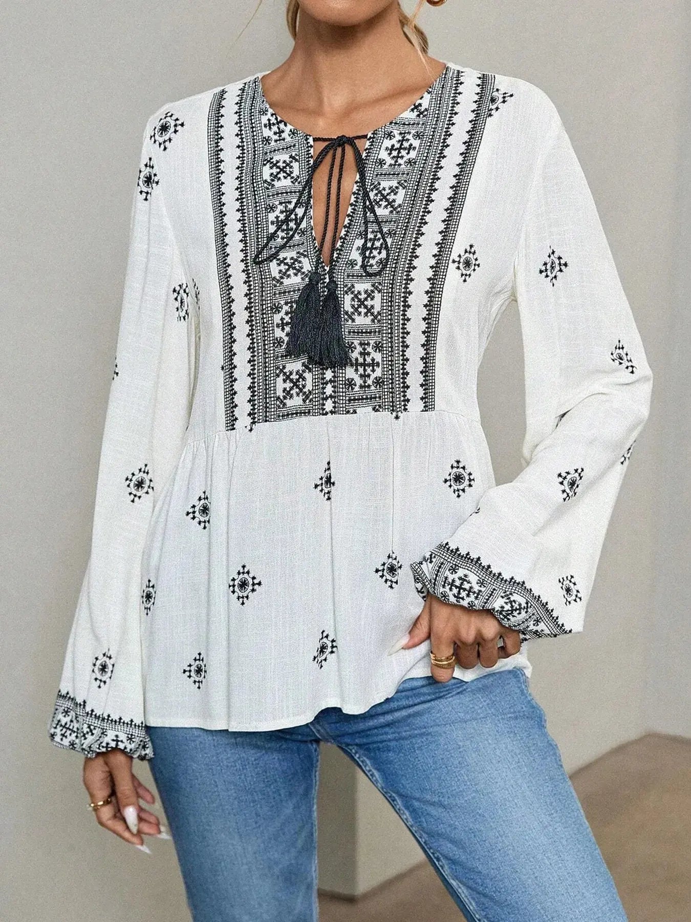 Tie Front Long Sleeve Boho Blouse - Be Bliss Boutique