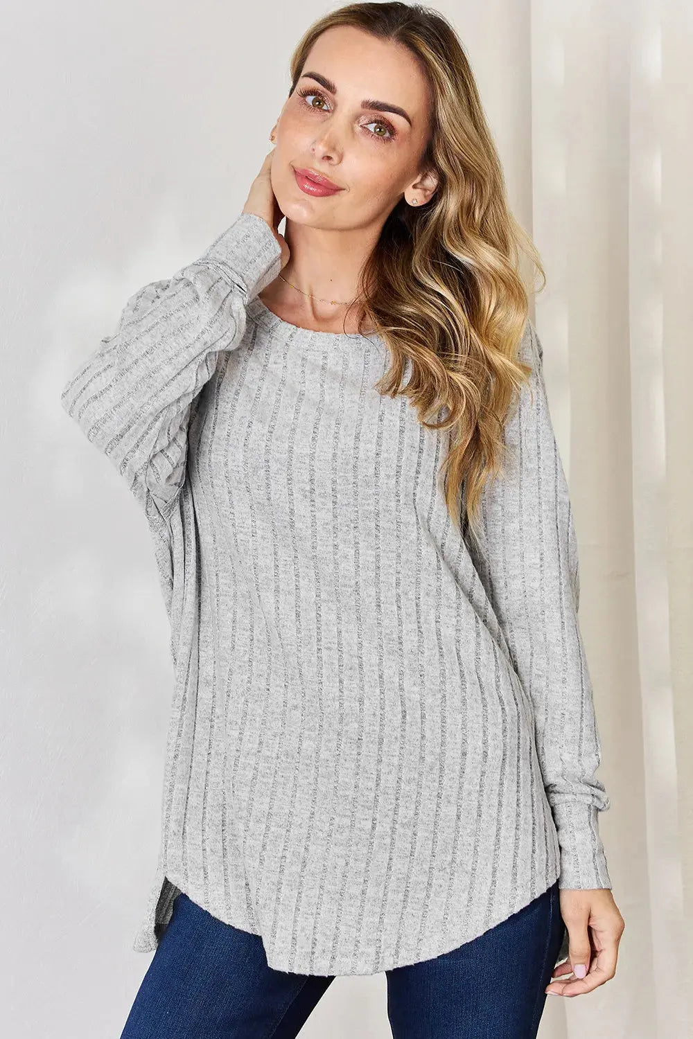 Basic Bae Ribbed Round Neck Slit Womens Long Sleeve T Shirt – Full & Plus Size - Be Bliss Boutique