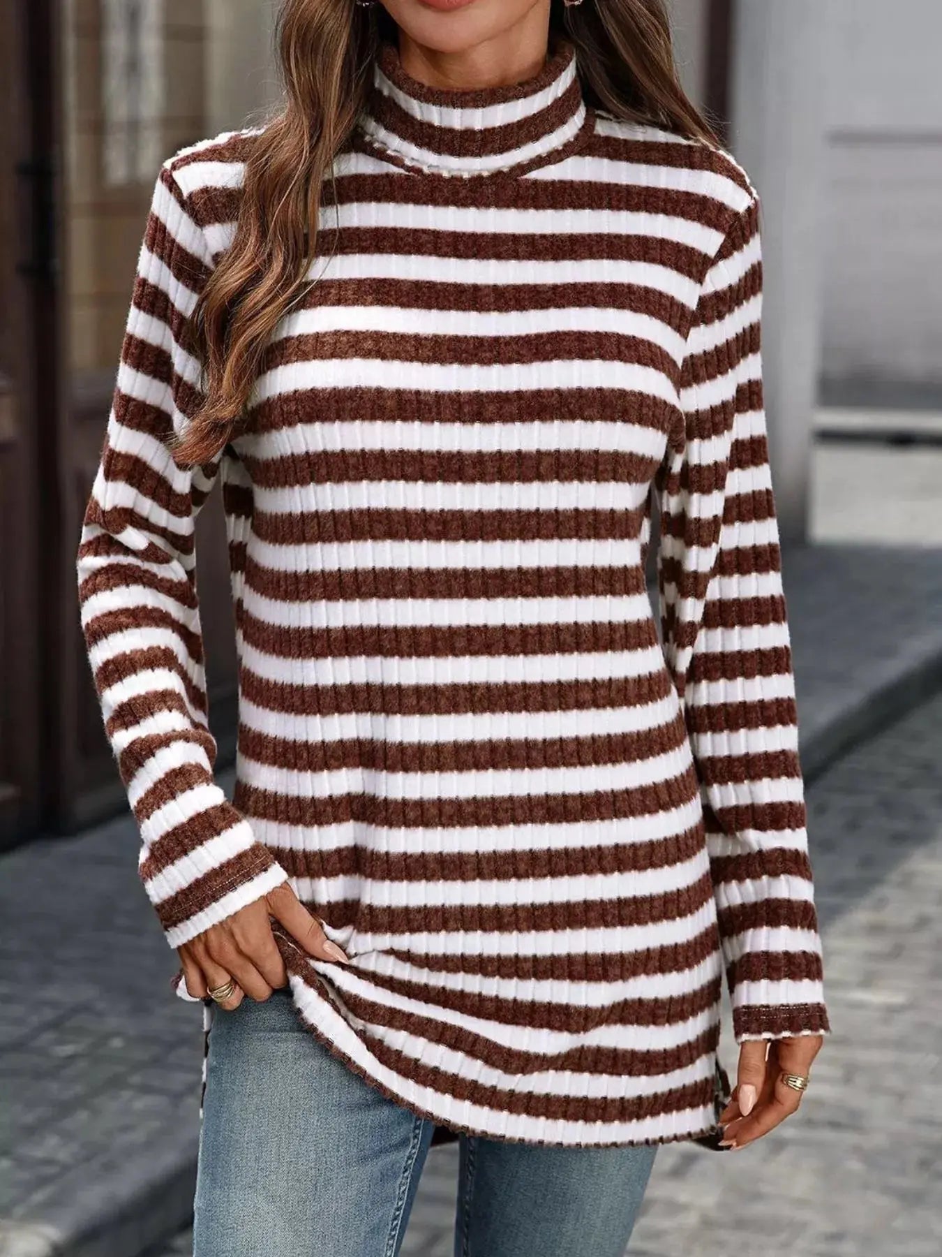 Striped Turtleneck Long Sleeve Knit Top - Be Bliss Boutique
