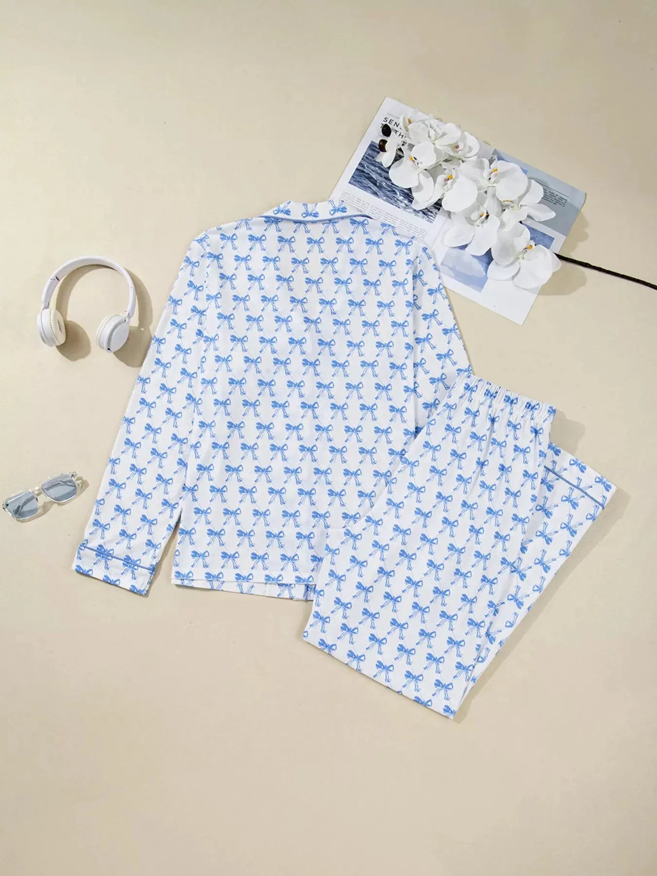 Bow Print Long Sleeve Shirt and Pants Pajama Set - Be Bliss Boutique