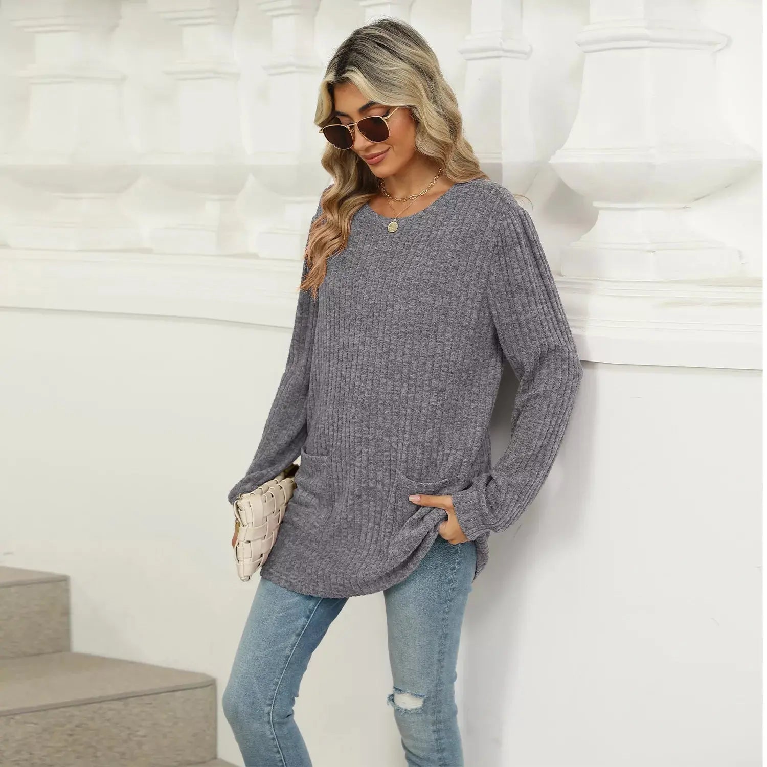 Cozy Ribbed Knit Long Sleeve Tunic Top with Pockets - Be Bliss Boutique