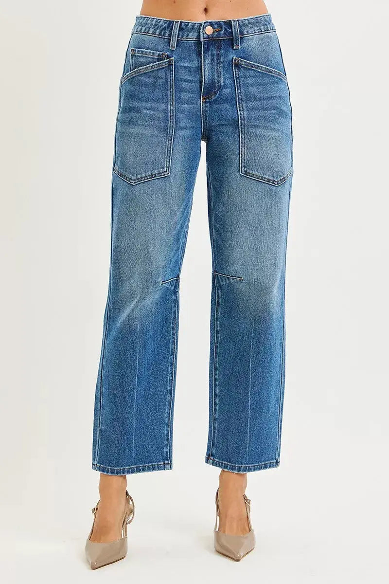 RISEN Jeans - 4 Way Stretch Mid Rise Barrel Jeans with Patch Pocket Detail - Be Bliss Boutique