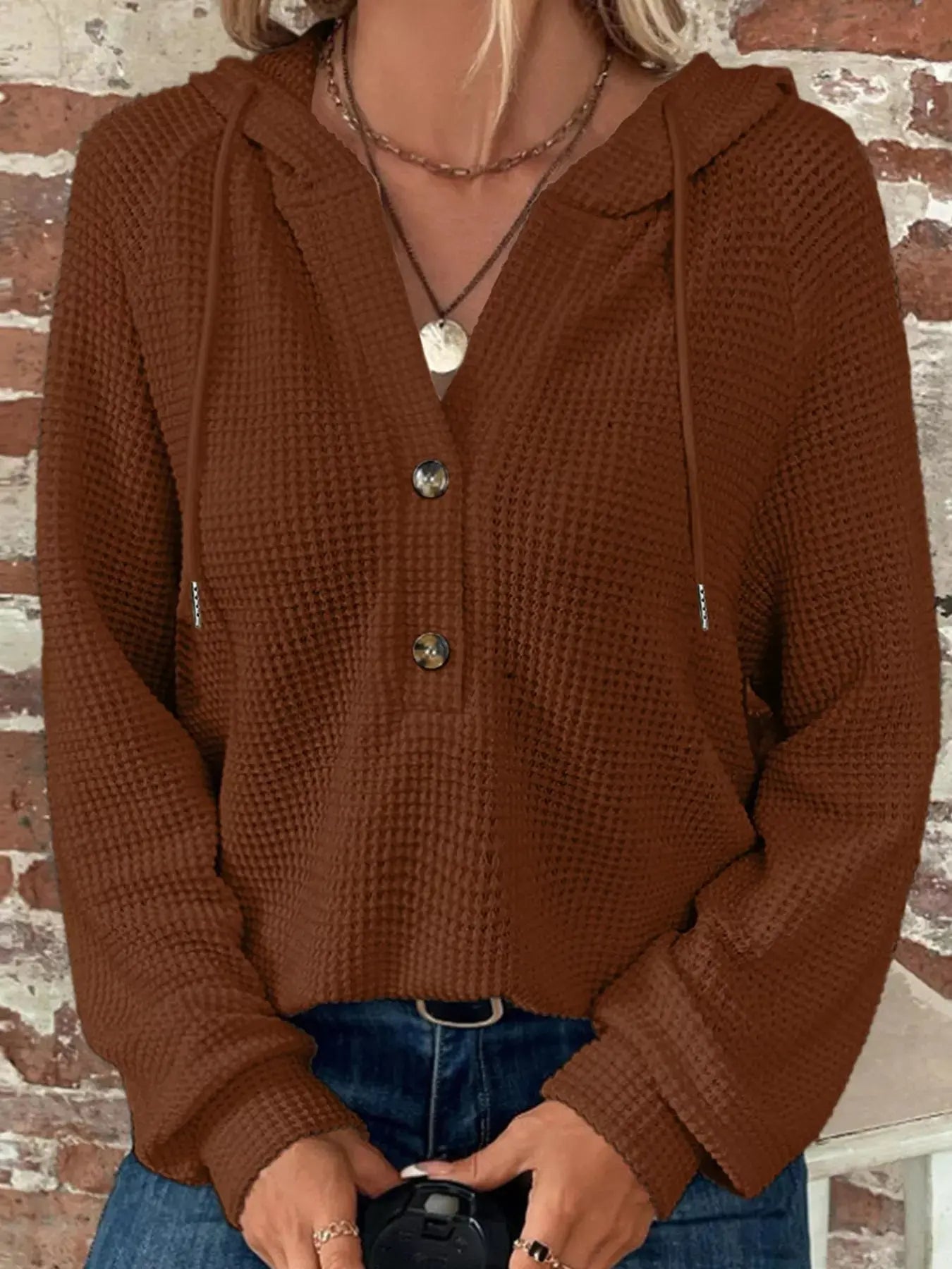 Casual Button Detail Waffle Knit Hoodie - Be Bliss Boutique