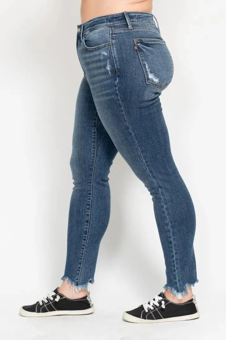 Plus Size High Waist Skinny Judy Blue Jeans with Destroy & Shark Bit Hem - Be Bliss Boutique