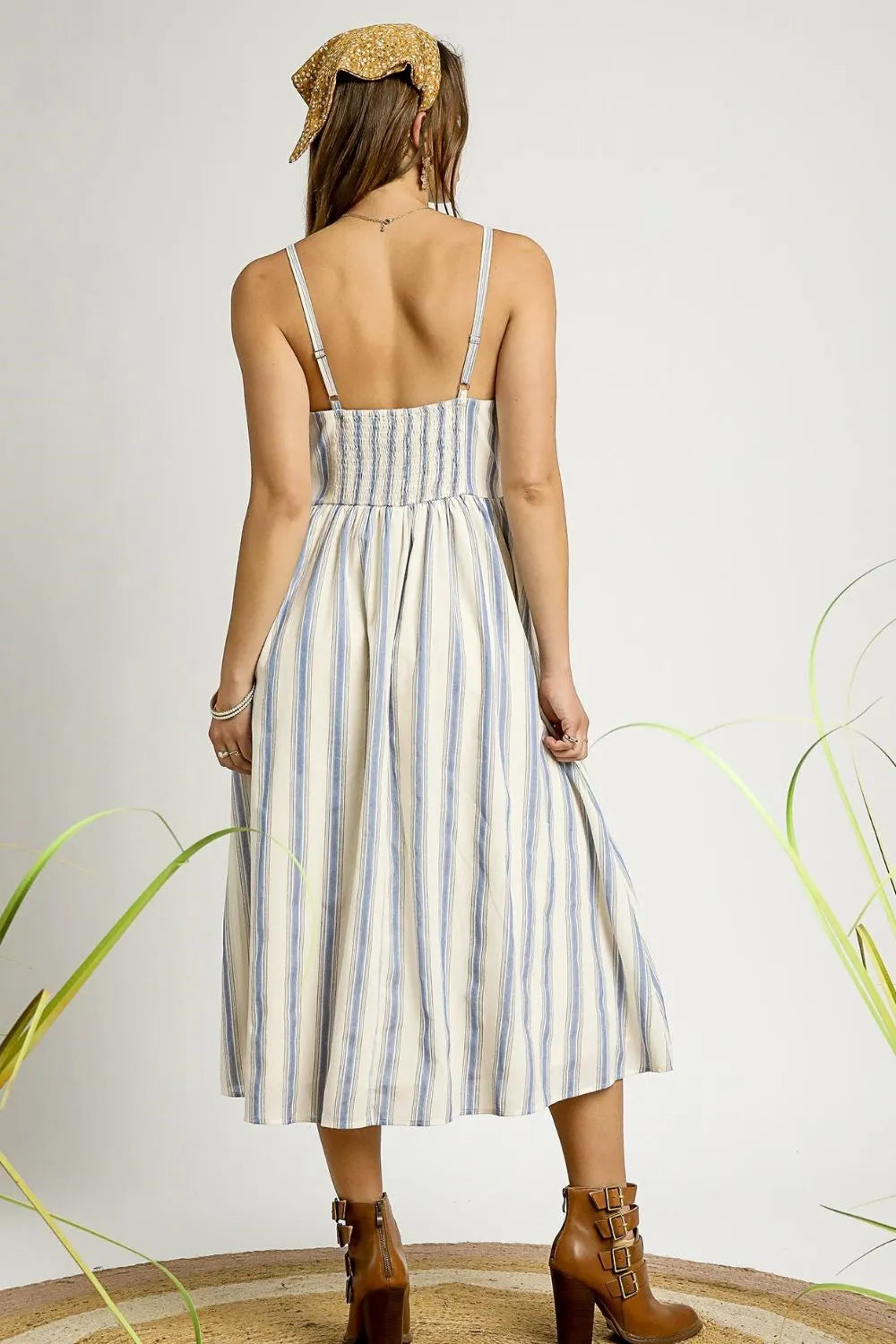 Umgee Embroidered Smocked Boho Striped Dress – Cami Midi Dress - Be Bliss Boutique
