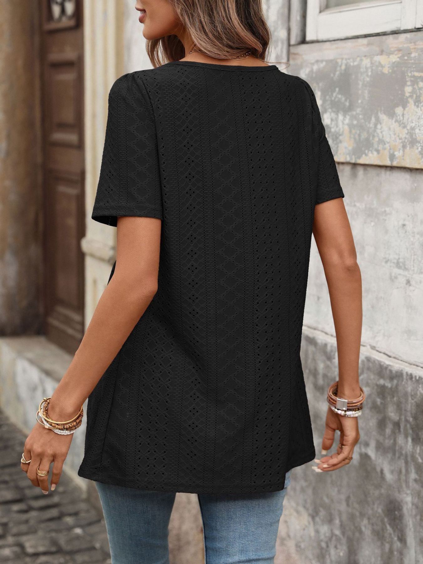 Women's Eyelet Square Neck Babydoll Short Sleeve Top - Be Bliss Boutique