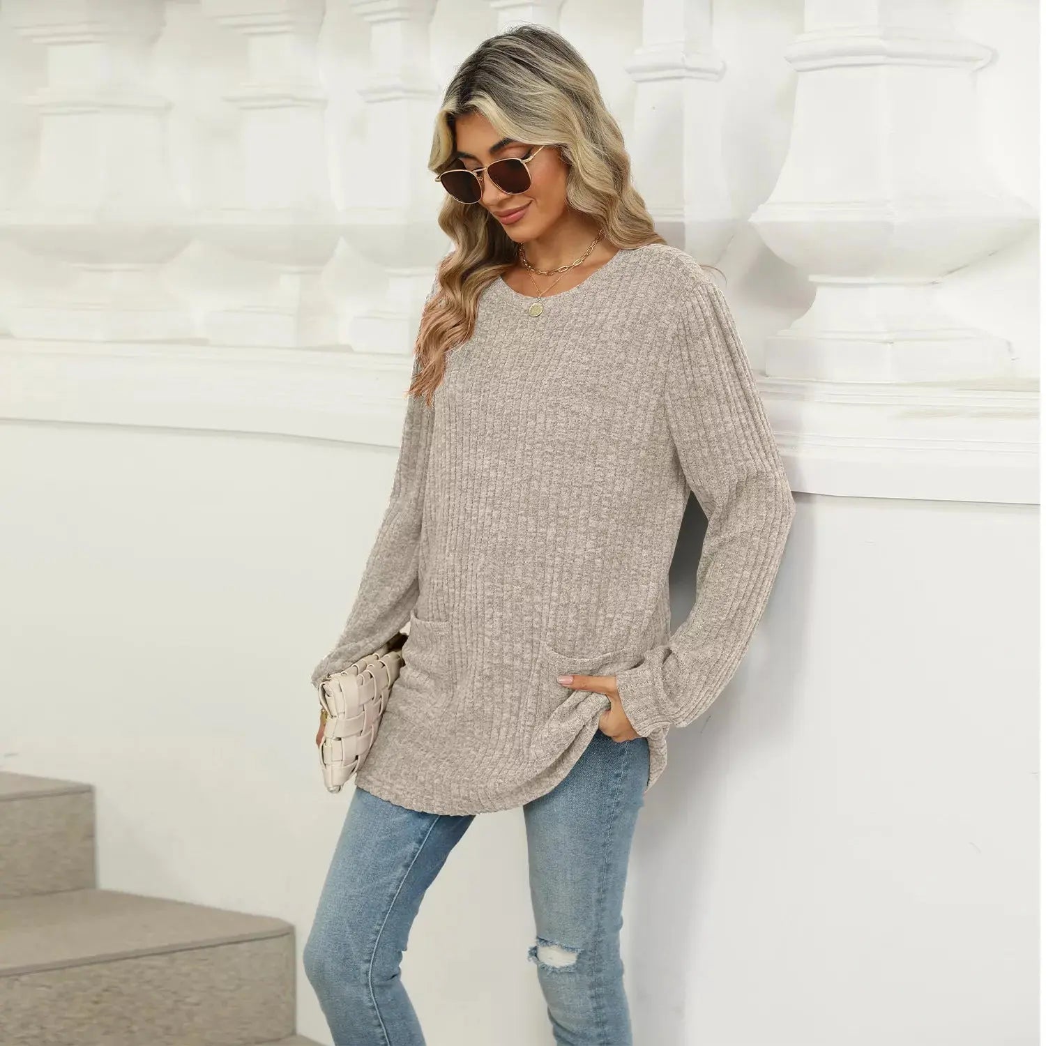 Cozy Ribbed Knit Long Sleeve Tunic Top with Pockets - Be Bliss Boutique