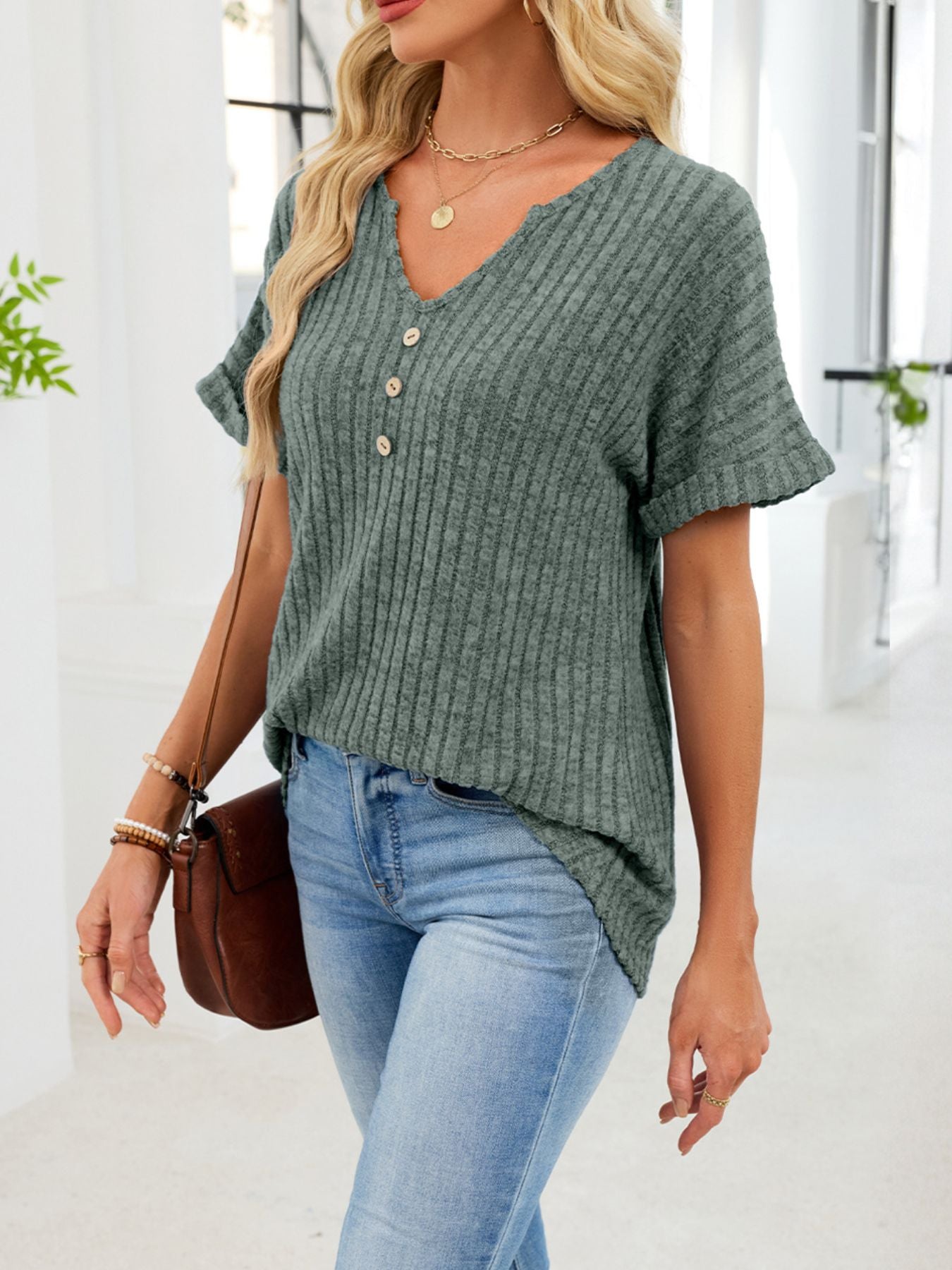Women's Ribbed Knit Button V Neck Short Sleeve T Shirt - Be Bliss Boutique