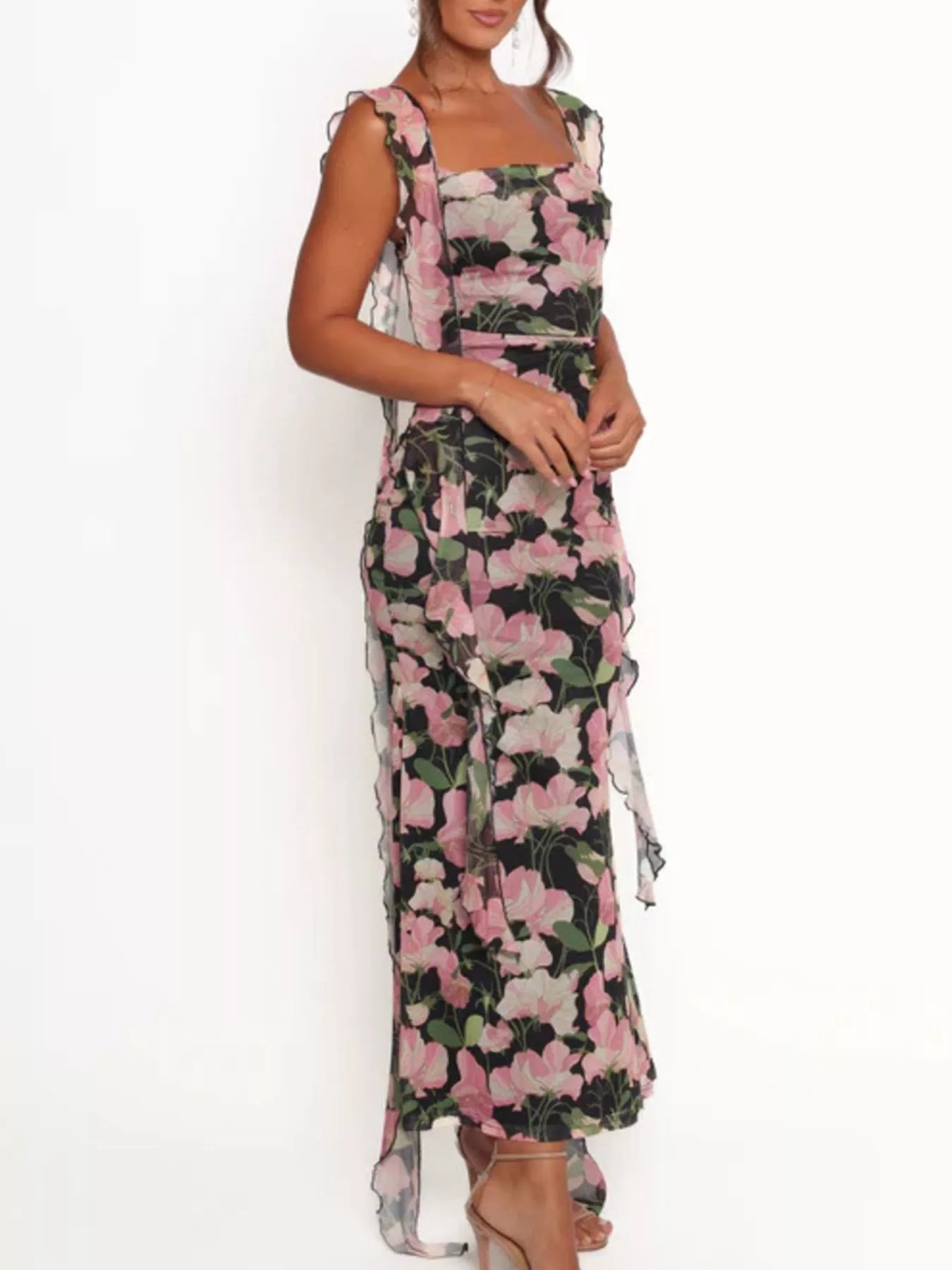 Floral Print Ruffle Trim Bodycon Maxi Dress - Be Bliss Boutique