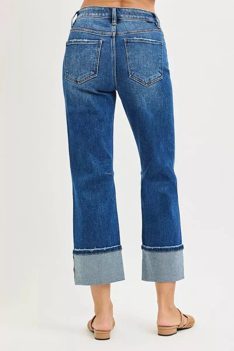 RISEN Jeans - High Rise Straight Jeans with Distressed Hem - Be Bliss Boutique