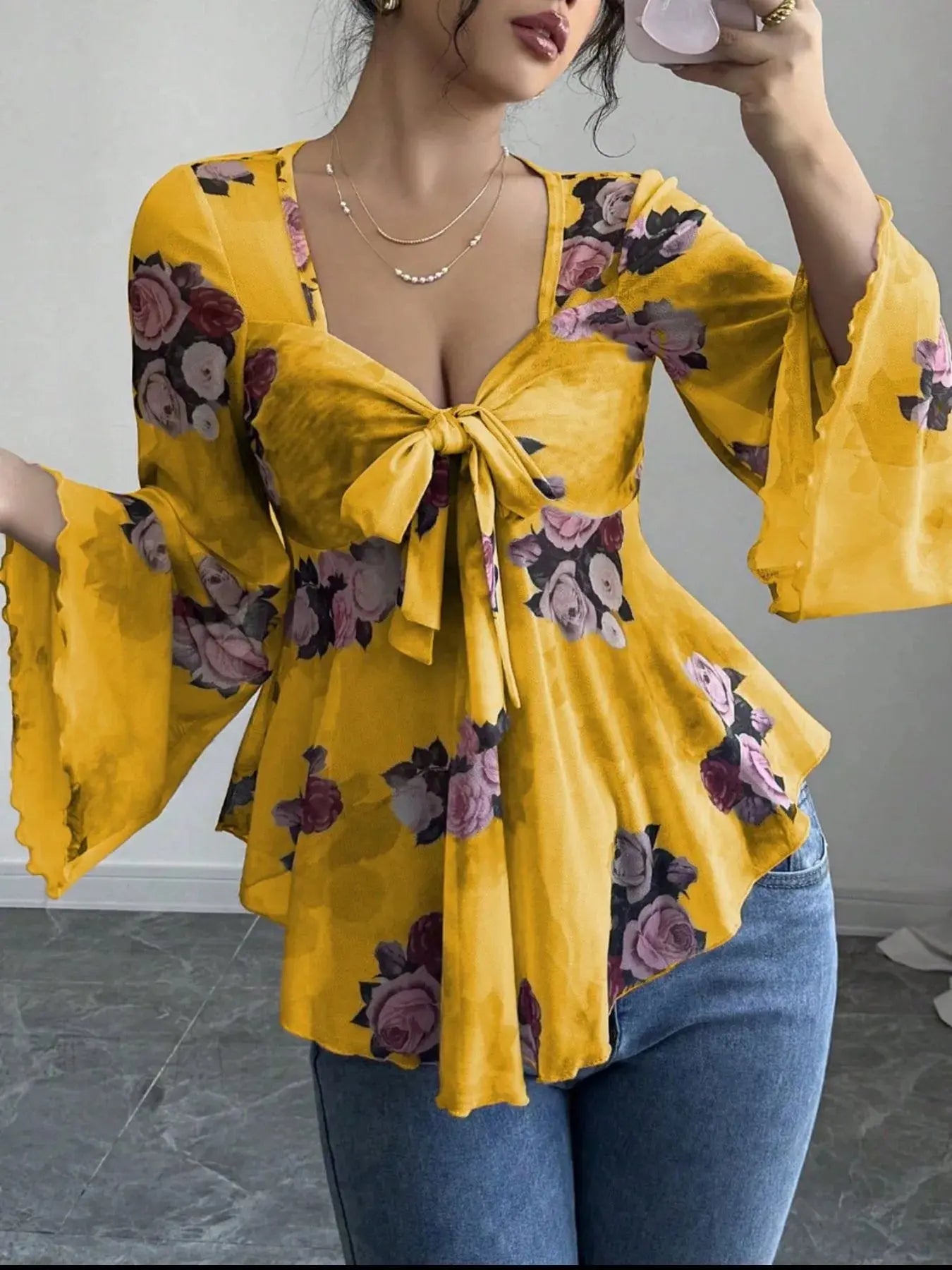 Floral Tie Front Flare Sleeve Blouse - Be Bliss Boutique
