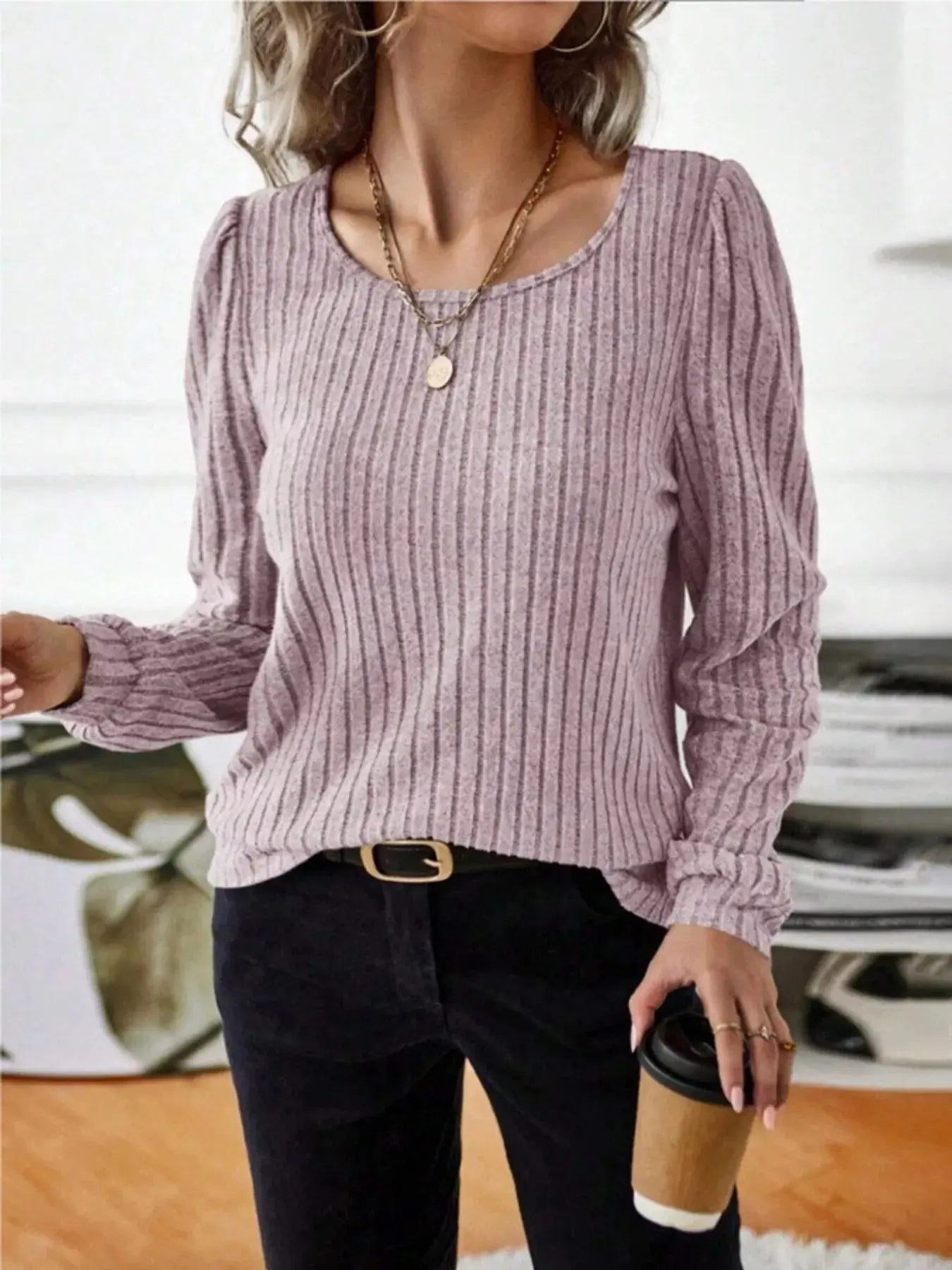 Ribbed Knit Long Sleeve T Shirt - Be Bliss Boutique