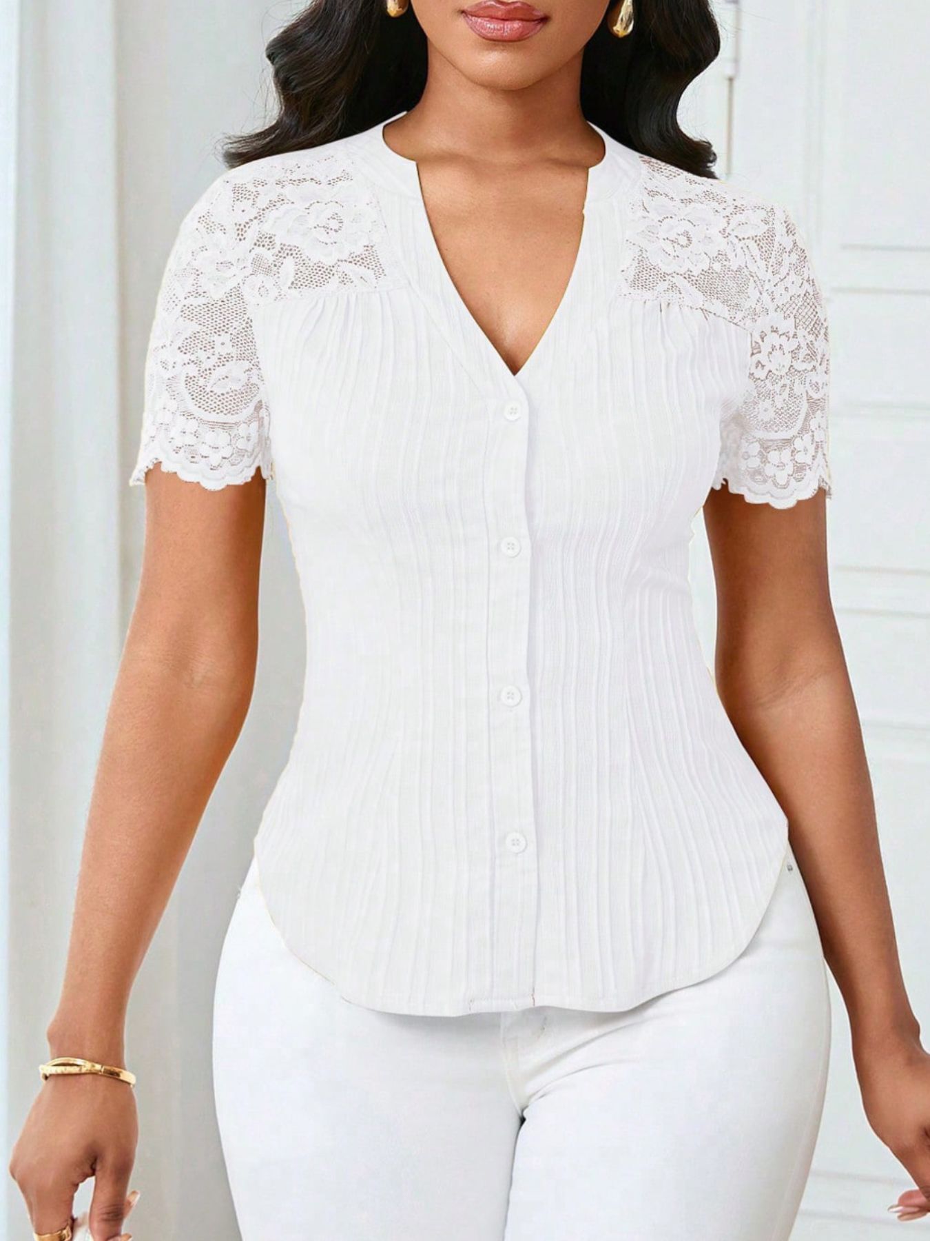 Button Up Lace Sleeve Blouse - Be Bliss Boutique
